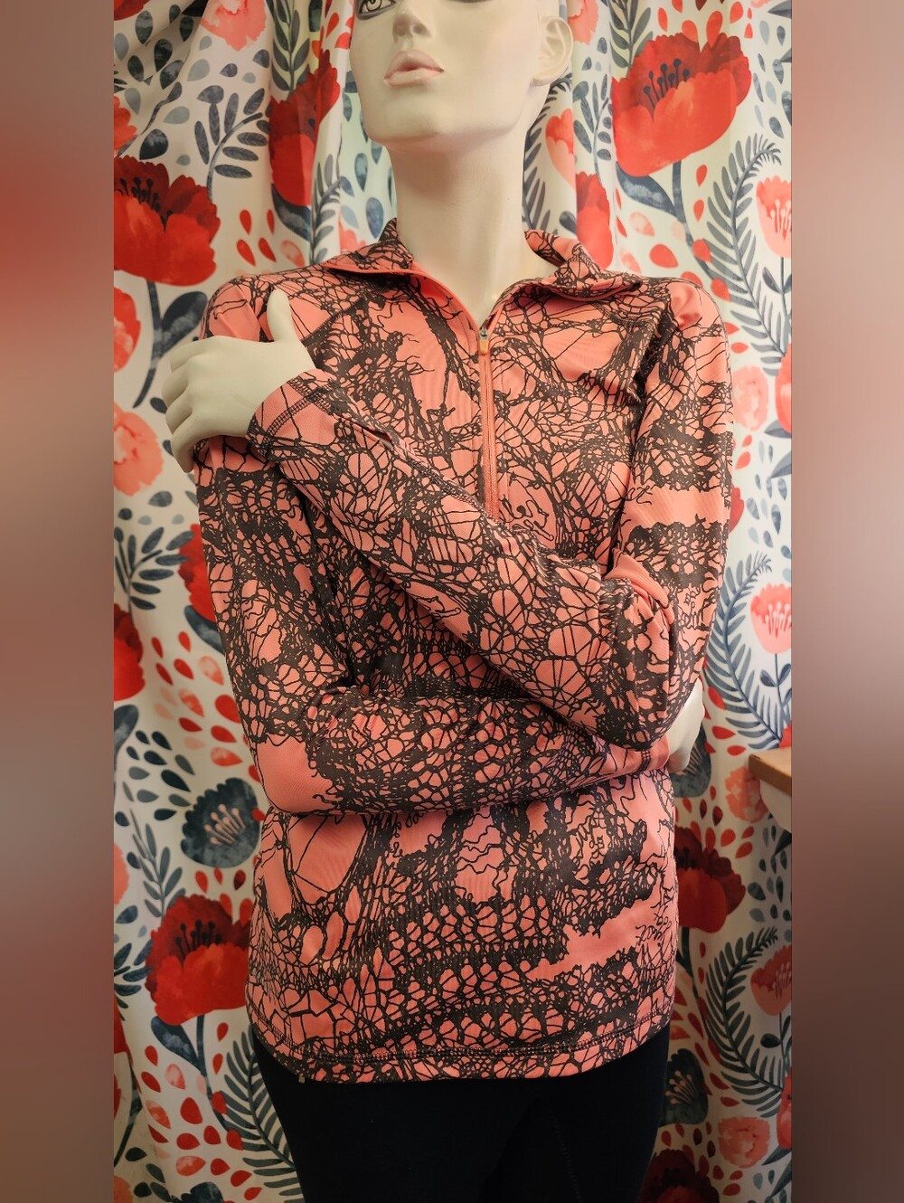 Nike Pro Coral Pink Zip-Front Long Sleeve Top with Black Abstract Print